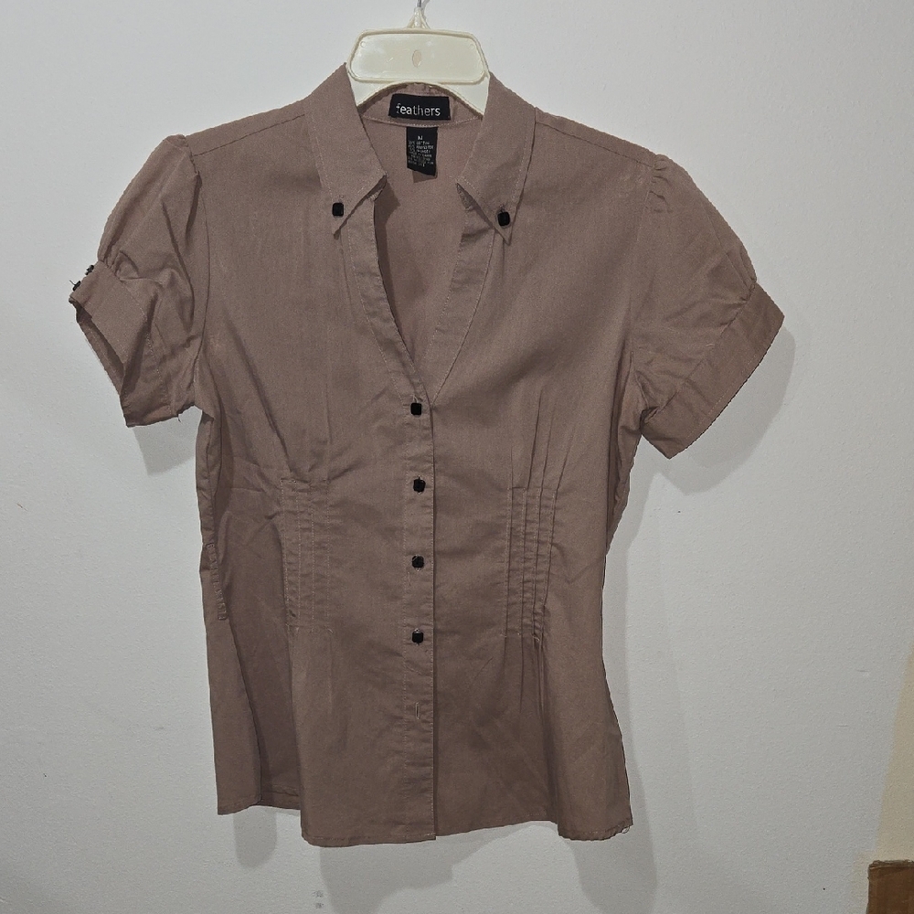 Feathers Brown Button Down Shirt with Mandarin Collar and Cuffed Sleeves